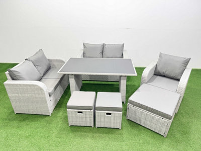 Fimous Rattan Sofa Outdoor Furniture With Dining Table,Love Sofa,3 Stools Patio Furniture 8 Seater Light/Grey