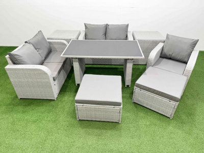 B&Q -  Rattan Sofa Outdoor Furniture With Dining Table,2 Side Tables,love Sofa,2 Big Stools Patio Furniture Light Grey 7 Seater