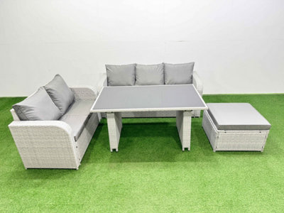 Fimous Garden Furniture Set Pe Ratten Garden Sofa Set With Rectangular Dining Table Big Stool Light Grey from B&Q