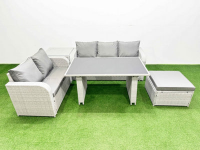 Fimous Garden Furniture Set Pe Ratten Garden Sofa Set With Rectangular Dining Table Big Stool Side Table Light Grey from B&Q