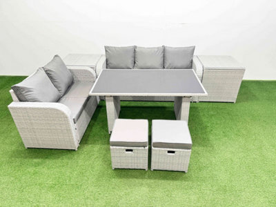 B&Q -  Garden Furniture Set Pe Ratten Garden Sofa Set With Rectangular Dining Table 2 Small Stools 2 Side Tables Light Grey