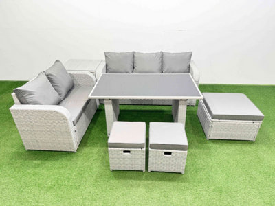 Fimous Garden Furniture Set Pe Ratten Garden Sofa Set With Rectangular Dining Table 3 Stool Side Table Light/Grey