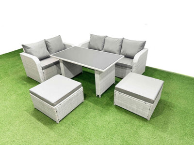 Fimous Garden Furniture Set Pe Ratten Garden Sofa Set With Rectangular Dining Table 2 Big Stool Light/Grey