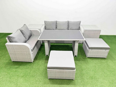 Fimous Garden Furniture Set Pe Ratten Garden Sofa Set With Rectangular Dining Table 2 Big Stool 2 Side Tables Light/Grey