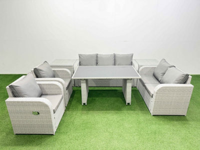 B&Q -  7 Seater Garden Furniture Set Pe Ratten Garden Sofa Set With Rectangular Dining Table 2 Side Tables Light Grey