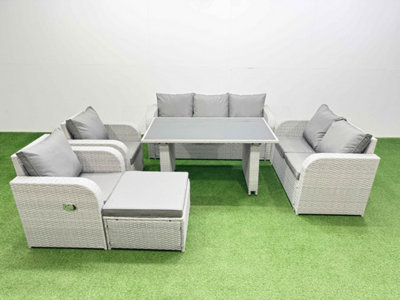 Fimous 8 Seater Garden Furniture Set Pe Ratten Garden Sofa Set With Rectangular Dining Table Big Stool Light/Grey