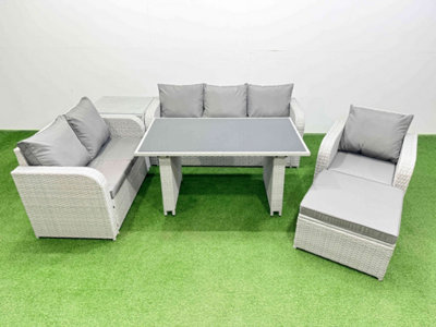 Fimous Rattan Outdoor Table Reclining Chair Sofa Set With Side Table Big Stool 7 Seater Light/Grey