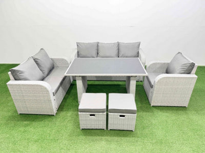 Fimous Light/Grey Rattan Outdoor Table Reclining Chair Sofa Set With 2 Stools 8 Seater Small