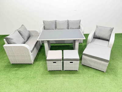 Fimous Rattan Outdoor Table Reclining Chair Sofa Set With 3 Stools 9 Seater Light/Grey