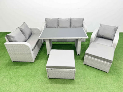 Fimous Rattan Outdoor Table Reclining Chair Sofa Set With 2 Big Stools 8 Seater Light/Grey