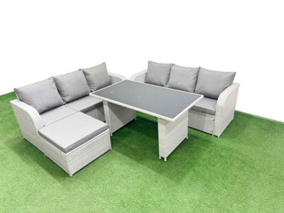 Fimous 7 Seater Rattan Outdoor Dining Table 3 Seater Sofa Set With Big Stool Light/Grey