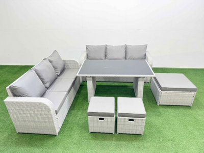 Fimous 9 Seater Rattan Outdoor Dining Table 3 Seater Sofa Set With 3 Stools Light/Grey