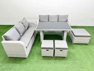 B&Q -  9 Seater Rattan Outdoor Dining Table 3 Seater Sofa Set With Side Table 3 Stools Light Grey