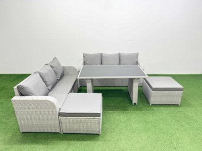 Fimous 8 Seater Rattan Outdoor Dining Table 3 Seater Sofa Set With 2 Big Stools Light/Grey