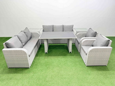 B&Q -  8 Seater Wicker Pe Rattan Furniture Outdoor Dining Table 3 Seater Sofa Reclining Chair Set With 2 Side Tables Light Grey
