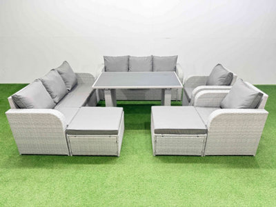 B&Q -  10 Seater Wicker Pe Rattan Furniture Outdoor Dining Table 3 Seater Sofa Reclining Chair Set With 2 Big Stools Light Grey