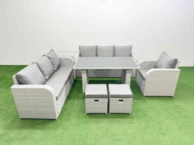B&Q -  Rattan Garden Furniture Dining Set 9-Seater Patio Rectangular Table Sofa Set With Side Table 2 Small Stools Light Grey