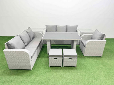 B&Q -  Rattan Garden Furniture Dining Set 9-Seater Patio Rectangular Table Sofa Set With 2 Side Tables 2 Small Stools Light Grey