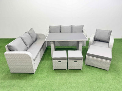 Fimous Rattan Garden Furniture Dining Set 10-Seater Patio Rectangular Table Sofa Set With 3 Stools Light/Grey