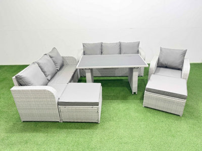 Fimous Rattan Garden Furniture Dining Set 9-Seater Patio Rectangular Table Sofa Set With 2 Big Stools Light Grey from B&Q
