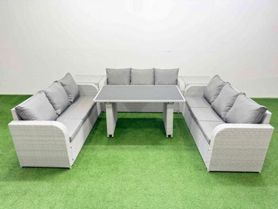 B&Q -  Patio Garden Furniture Sets With Black Glass Top Dining Table 3 Seater Sofa 2 Side Tables Light Grey