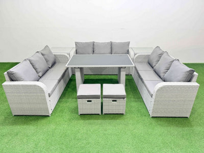 B&Q -  Patio Garden Furniture Sets With Black Glass Top Dining Table 3 Seater Sofa 2 Side Tables 2 Small Stool Light Grey