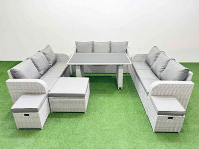 B&Q -  Patio Garden Furniture Sets With Black Glass Top Dining Table 3 Seater Sofa 3 Stool Light Grey