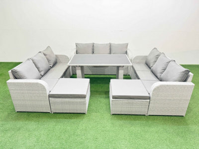 B&Q -  Patio Garden Furniture Sets With Black Glass Top Dining Table 3 Seater Sofa 2 Big Stool Light Grey