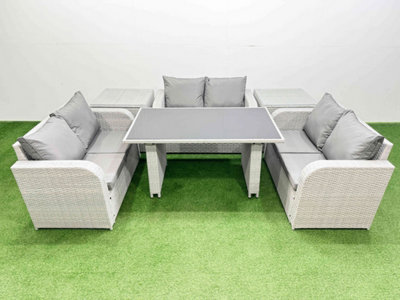 B&Q -  6 Seater Patio Garden Furniture Sets With Black Glass Top Dining Table Love Sofa 2 Side Tables Light Grey