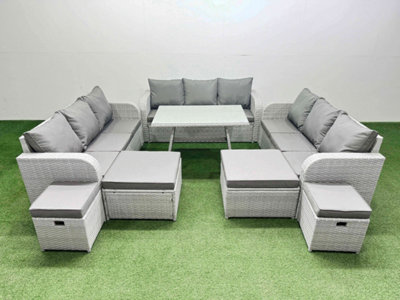 Fimous Patio Garden Furniture Sets With Dining Table 3 Seater Sofa 4 Stool Light/Grey
