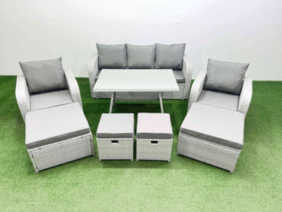 Fimous Rattan Garden Furniture Dining Set 9-Seater Patio Rectangular Table Sofa Set With 4 Stools Light/Grey