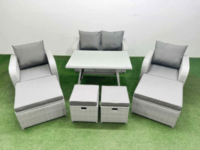 Fimous Rattan Garden Furniture Dining Set 8-Seater Patio Rectangular Table Sofa Set With 4 Stools Light/Grey