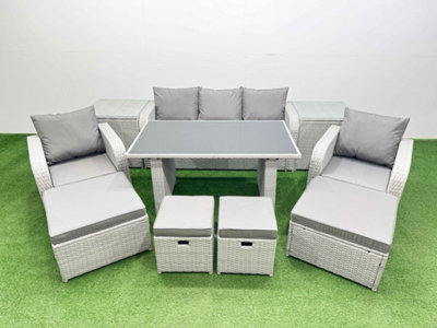 B&Q -  9 Seater Patio Garden Furniture Sets With Black Glass Top Dining Table Love Sofa 2 Side Tables 4 Stools Light Grey