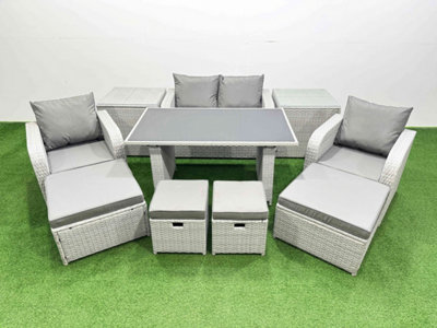 B&Q -  8 Seater Patio Garden Furniture Sets With Dining Table Love Sofa 2 Side Tables 4 Stools Light Grey