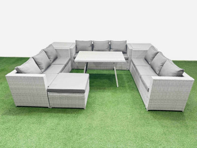 B&Q -  10 Seat Outdoor Patio Pe Rattan Garden Furniture With Cushions 3 Seater Sofa 2 Side Tables Big Stool Light Grey