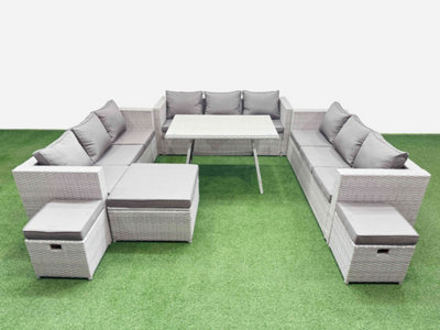 B&Q -  12 Seat Outdoor Patio Pe Rattan Garden Furniture With Cushions 3 Seater Sofa 3 Stool Light Grey