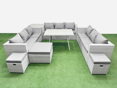 B&Q -  12 Seat Outdoor Patio Pe Rattan Garden Furniture With Cushions 3 Seater Sofa Side Table 3 Stool Light Grey