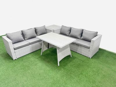 B&Q -  Rattan Garden Furniture Dining Set 6-Seater Patio Rectangular Table 3 Seater Sofa Set With Side Table Light Grey