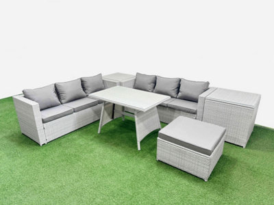 B&Q -  7-Seater Patio Rectangular Table 3 Seater Sofa Set With 2 Side Tables Big Stool Light Grey