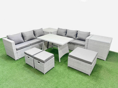 B&Q -  9-Seater Patio Rectangular Table 3 Seater Sofa Set With 2 Side Tables 3 Stools Light Grey
