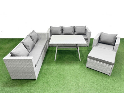 Fimous Outdoor Rattan Garden Furniture Dining Set 8-Seater Patio Rectangular Table 3 Seater Sofa Armchair Set With Big Stool