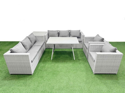 Fimous 8 Seater Garden Furniture Set Pe Ratten Garden Sofa Set With Rectangular Dining Table Side Table Light/Grey