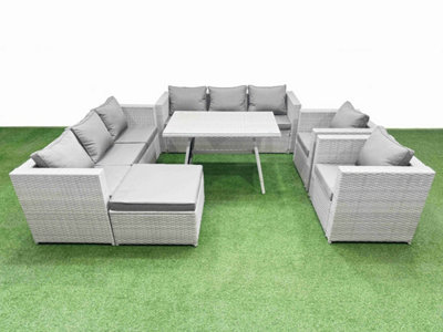 Fimous 9 Seater Garden Furniture Set Pe Ratten Garden Sofa Set With Rectangular Dining Table Big Stool Light/Grey
