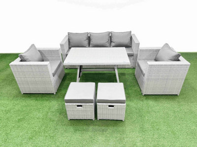 B&Q -  7 Pieces Outdoor Pe Rattan Sofa Armchair Set Patio Garden Furniture Sets With Cushions 2 Small Stools Light Grey