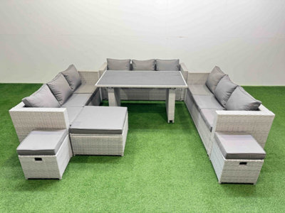 Fimous Patio Outdoor Garden Furniture Sets With Black Glass Top Dining Table 3 Seater Sofa 3 Stool Light Grey