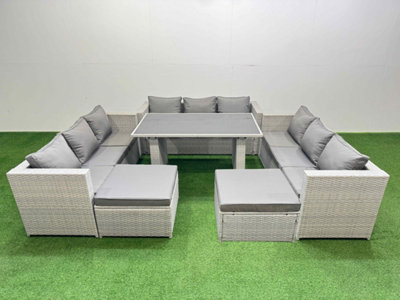Fimous Patio Outdoor Garden Furniture Sets With Black Glass Top Dining Table 3 Seater Sofa 2 Big Stool Light Grey
