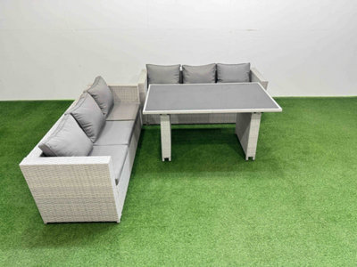 Fimous Rattan Garden Furniture Dining Set 6-Seater Patio Rectangular Table Sofa Set Light/Grey