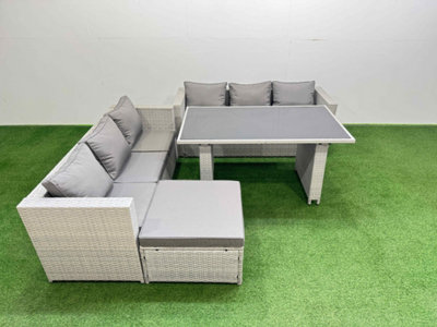 Fimous Rattan Garden Furniture Dining Set 7-Seater Patio Rectangular Table Sofa Set With Big Stool Light/Grey