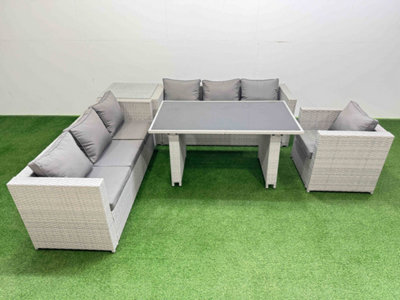 B&Q -  Patio Garden Furniture Sets With Black Glass Top Dining Table 3 Seater Sofa Armchair Side Table Light Grey
