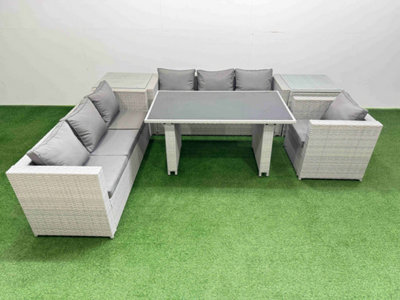 B&Q -  Patio Garden Furniture Sets With Black Glass Top Dining Table 3 Seater Sofa Armchair 2 Side Tables Light Grey